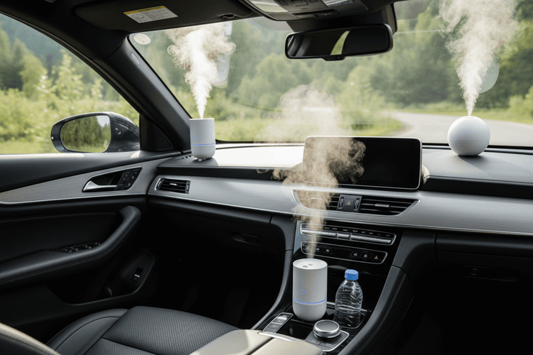 Humidifiers in Car creating a comfortable environment with steam in a modern car interior.